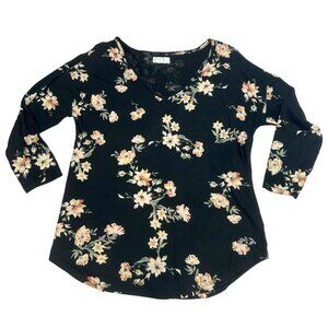 Black Floral 3/4 Sleeve Women Blouse M 24/7 Maurices Top Flowy V Neck